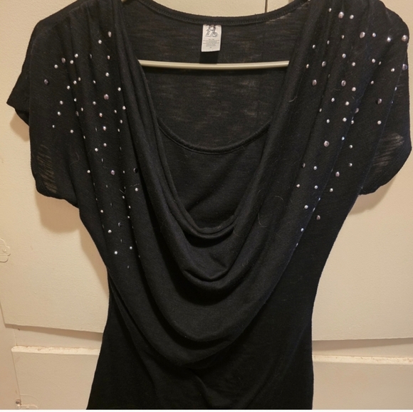 Chic Black Drape Neck Blouse with Embellishments - Picture 2 of 3